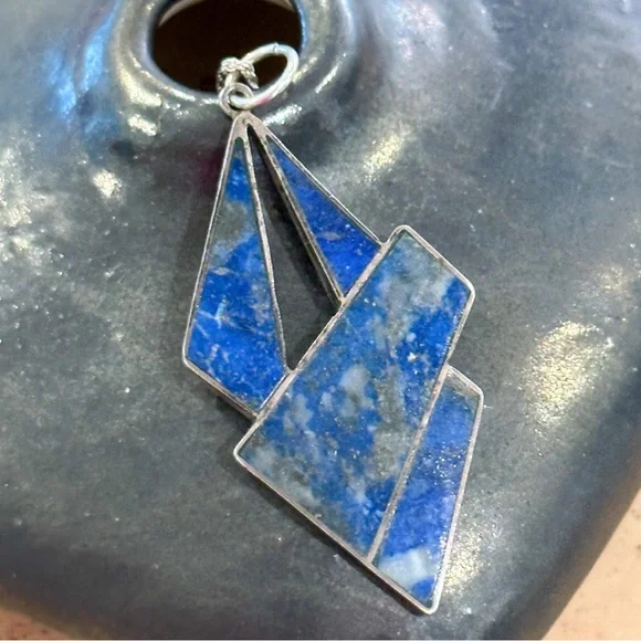 Vintage Modernist Sterling Silver Lapis Lazuli Geometric Pendant Necklace 950 - Picture 3 of 6